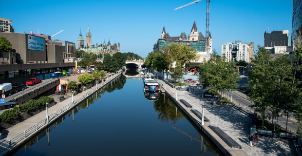 Aerial view of the Rideau Canal, summer, view of National Arts Centre, view of Chateau Laurier