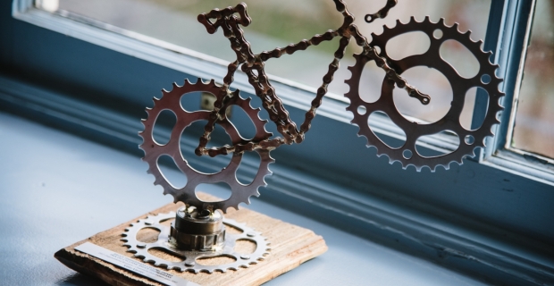 A cutom bike shaped trophy for cyclists made of bike parts