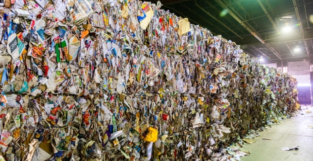 Une grande rangée de papier recyclé coupé en cubes et empilé