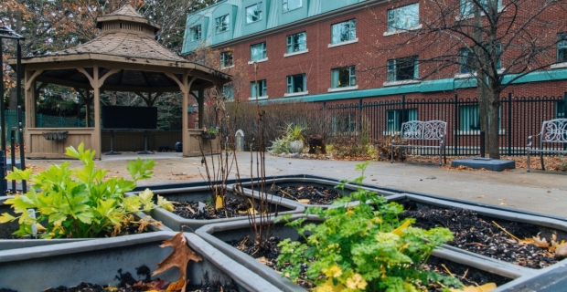 Jardin communautaire et pavillon de jardin derrière un établissement de soins de longue durée