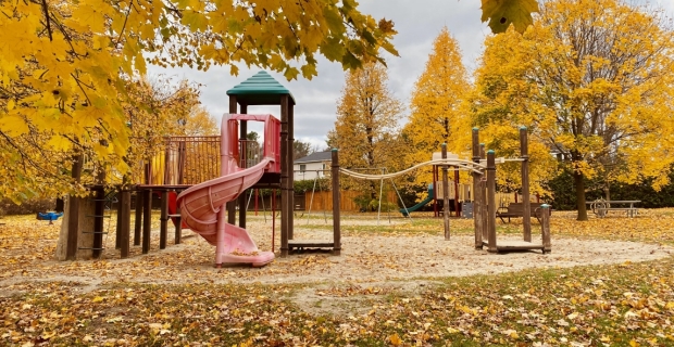 An outdoor play structure in the fall