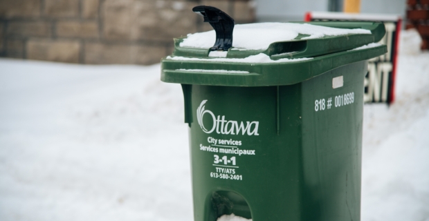 A compost bin on the sidewalk with an "Ottawa" logo in the winter