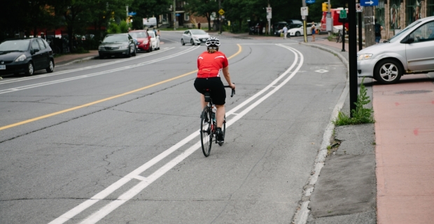 A cyclist in a bike lane