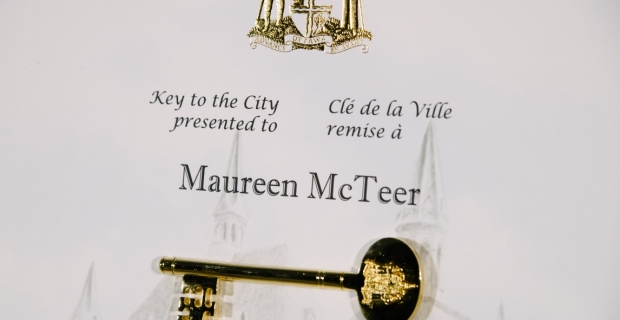 A close up of the Key to the City Plaque for Maureen McTeer.