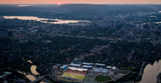 An aerial shot of the football stadium at Lansdowne