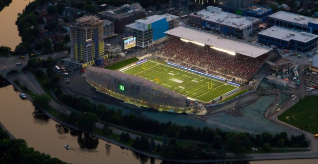 An aerial shot of the football stadium at Lansdowne